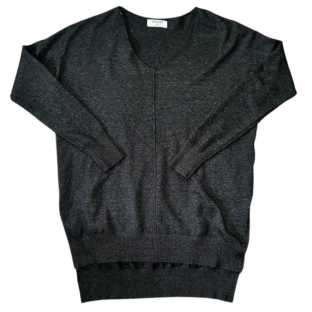 Zenana Premium Soft V-Neck Relaxed Tunic-Style Charcoal Gray Sweater XS